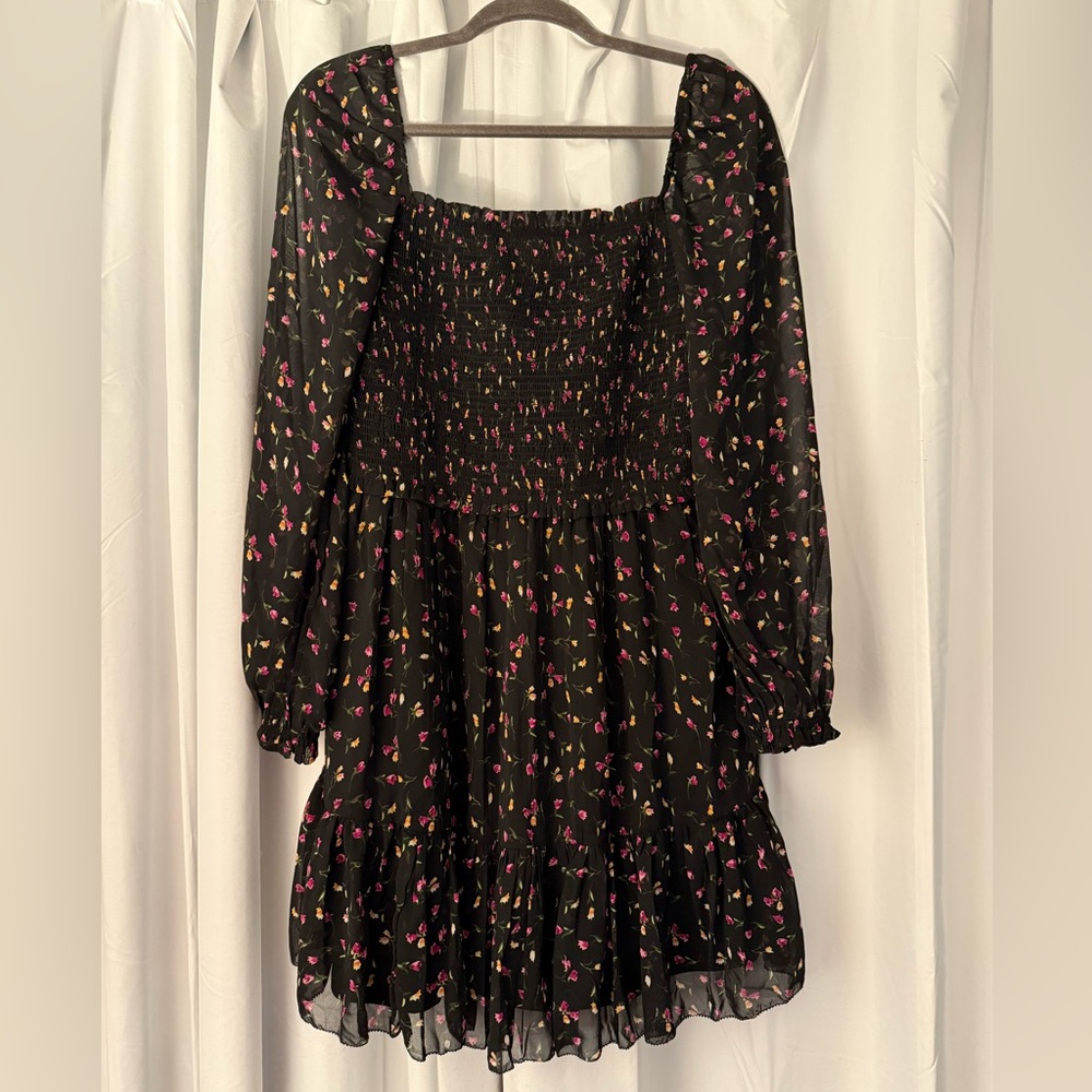 RDI Nordstrom Black Floral Smocked Chiffon Mini Dress | Size Large | NWT